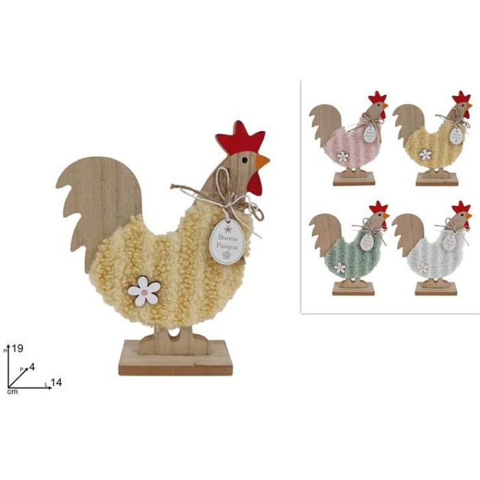 GALLINA 19 CM IN LEGNO C PELLICCIA  BUONA PASQUA  4 COL